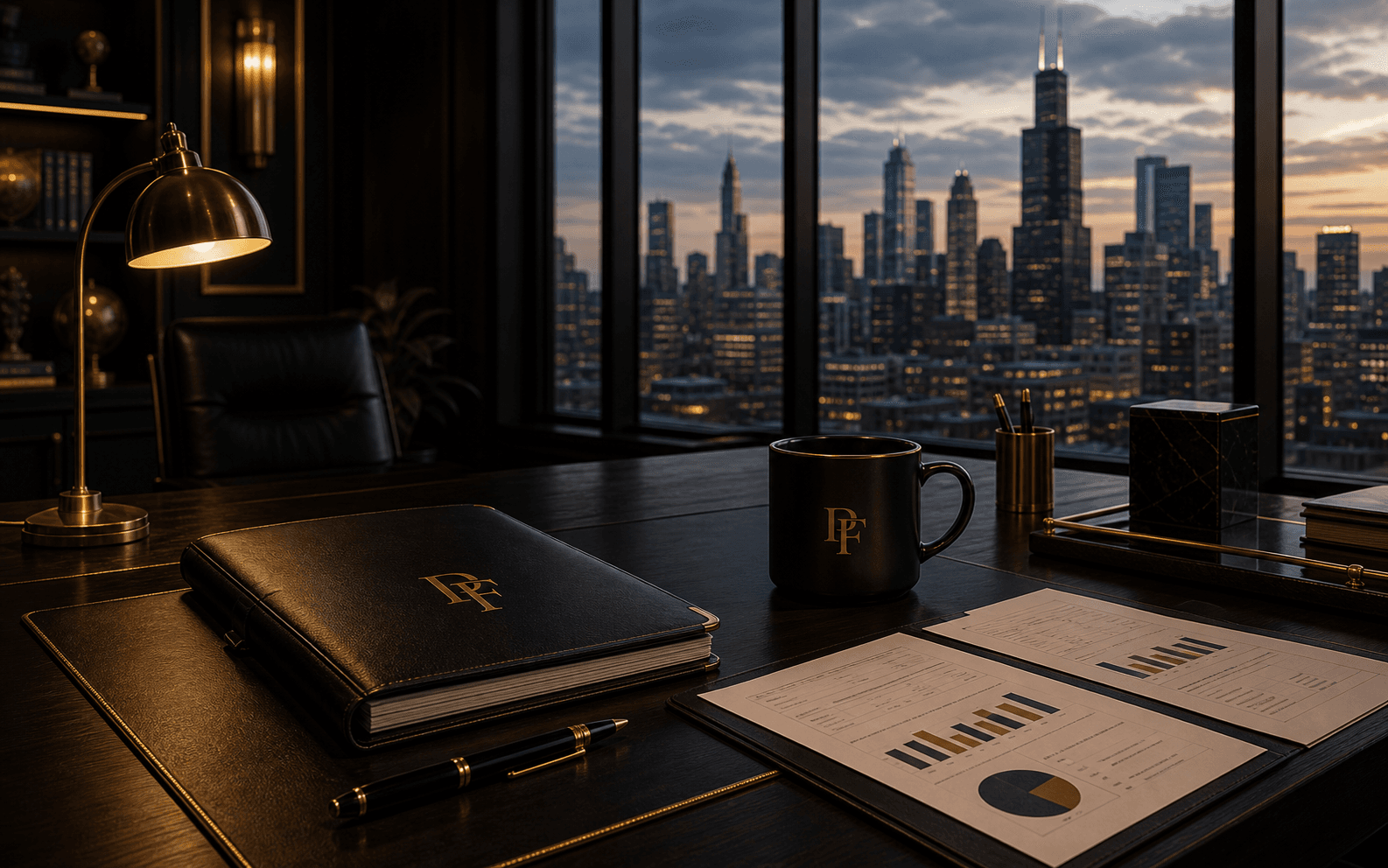 Luxury office desk with Chicago skyline and funding review documents